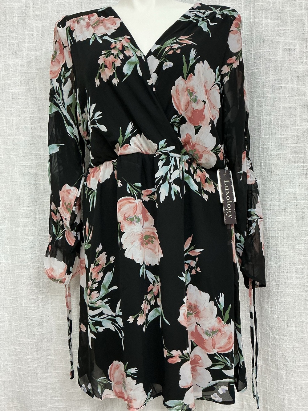Luxology Black Floral Faux-Wrap Dress with Pink Blossoms